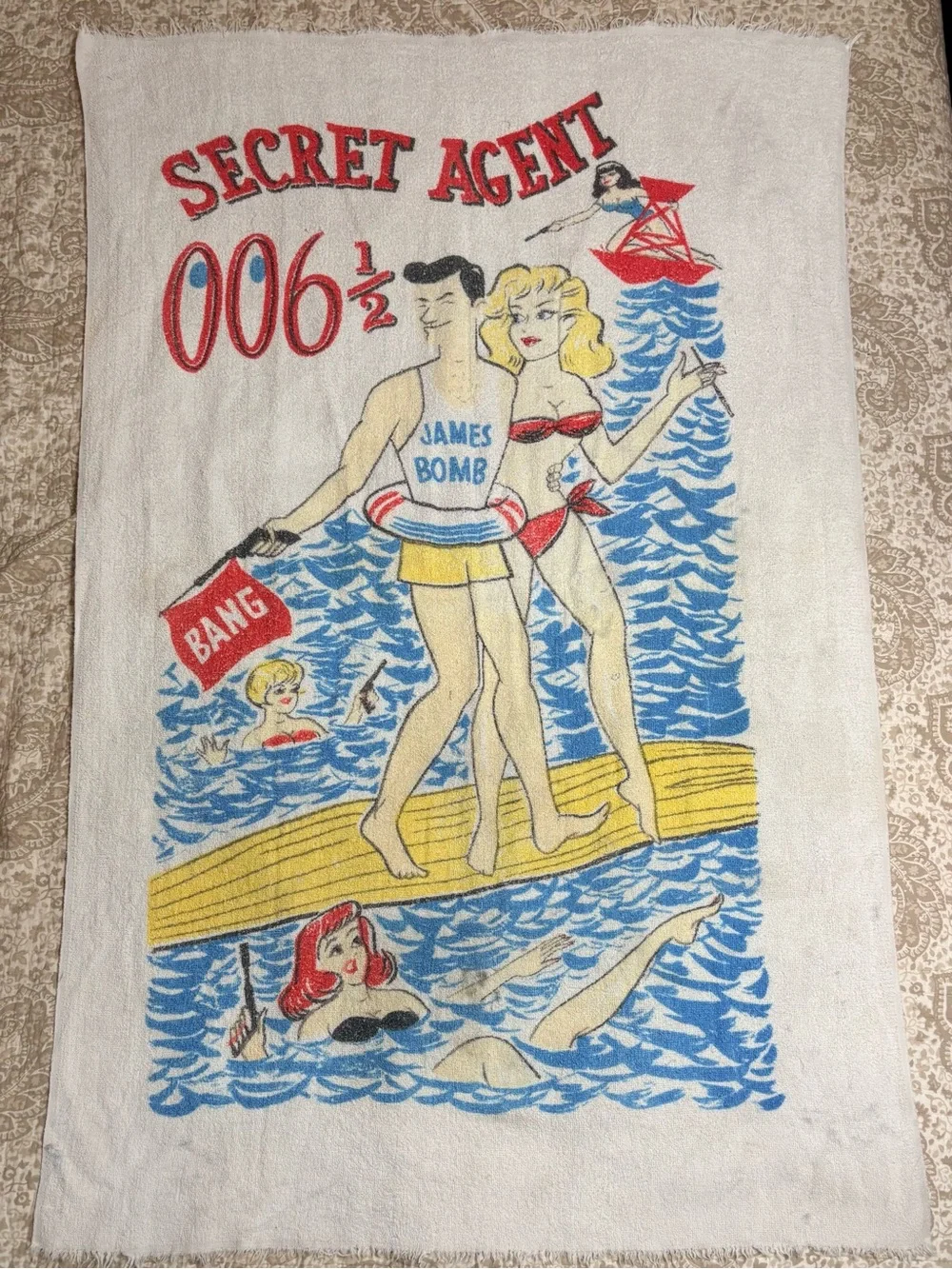 Vintage 1960s Secret Agent 006½ James Bomb Beach Towel Pin Up Novelty USA